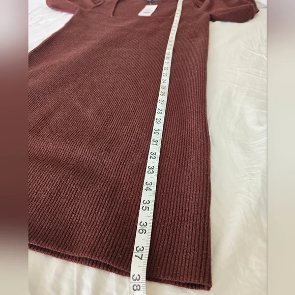 NWT French Connection Jaida Square Neck Puff Sleeve Sweater Dress Brown Ribbed - Picture 5 of 12